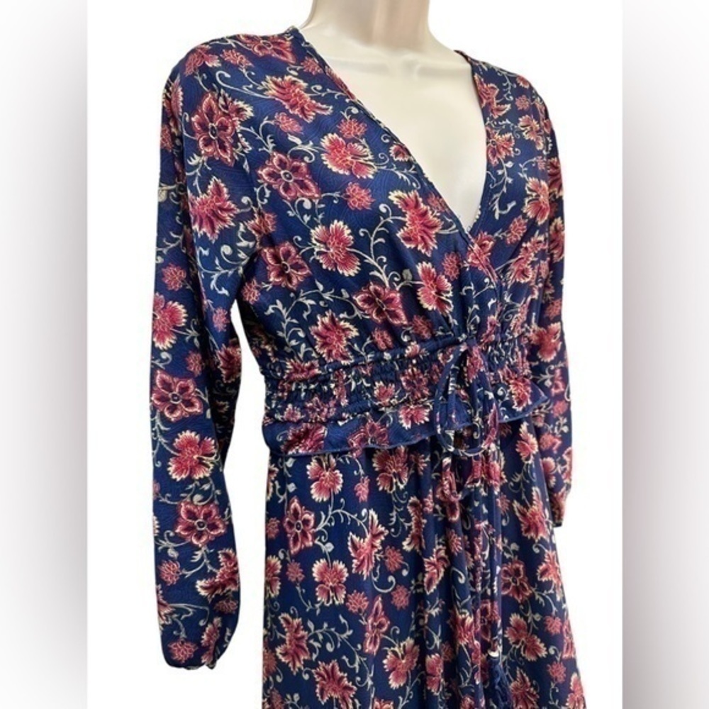 Anthropologie Boemo Maxi Dress Ruffle Navy Blue Red Tiered Long Sleeve PETITE - Picture 5 of 7